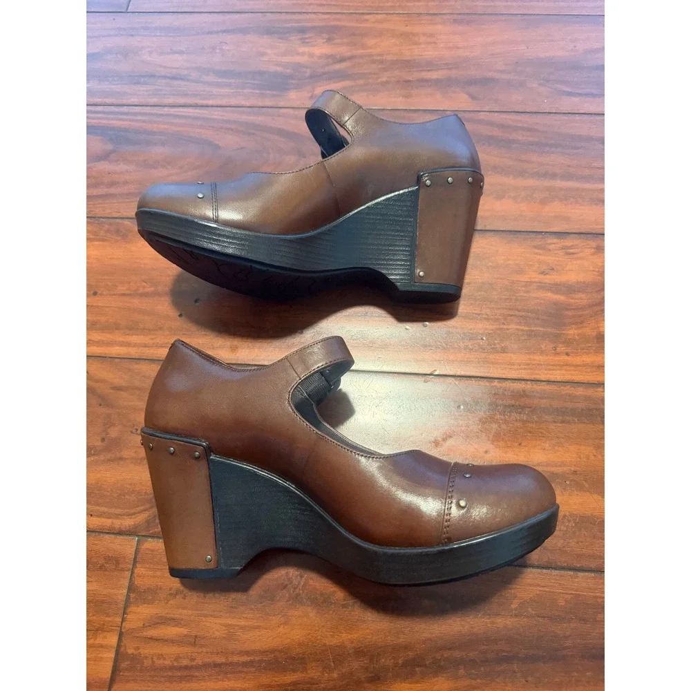 Dansko Brown Leather Studded Mary Jane Wedge Heels EU 38 US 7.5-8
